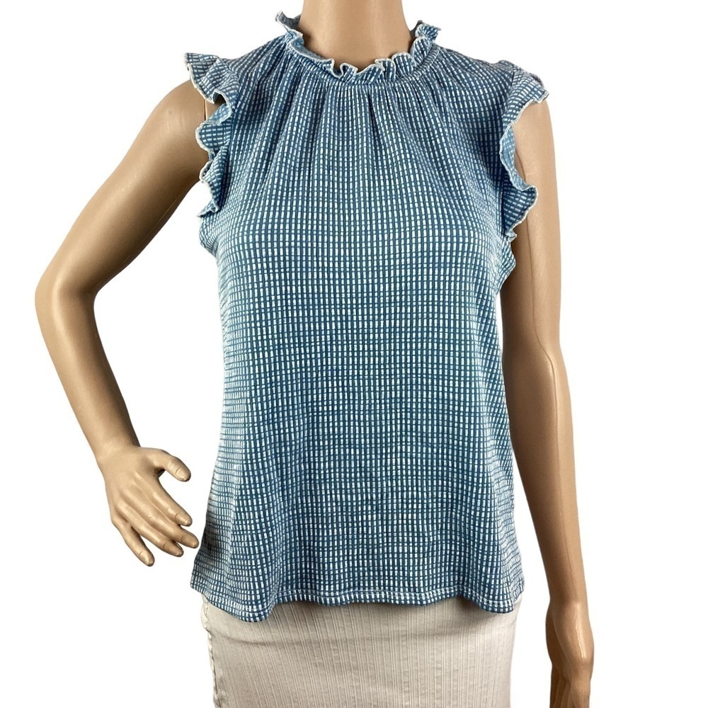 W5 Top Size M Blue White Ruffle Trim Cap Sleeves